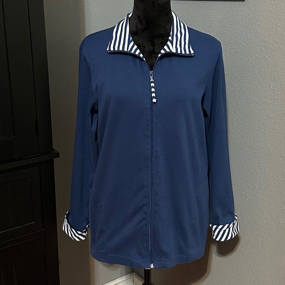 Blair Women's Jacket Medium Zip Front‎ Blue Striped Trim Casual Lightweight